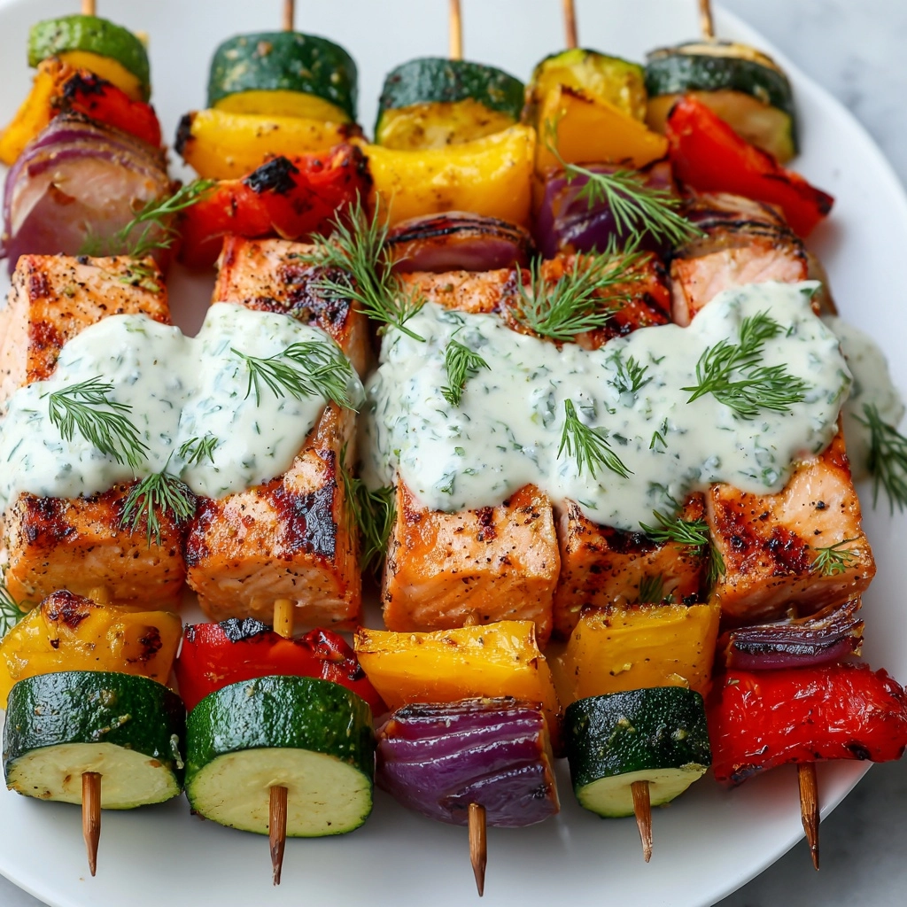 Grilled Salmon Skewers with Creamy Dill Yogurt Sauce Recipe - Recipe Image