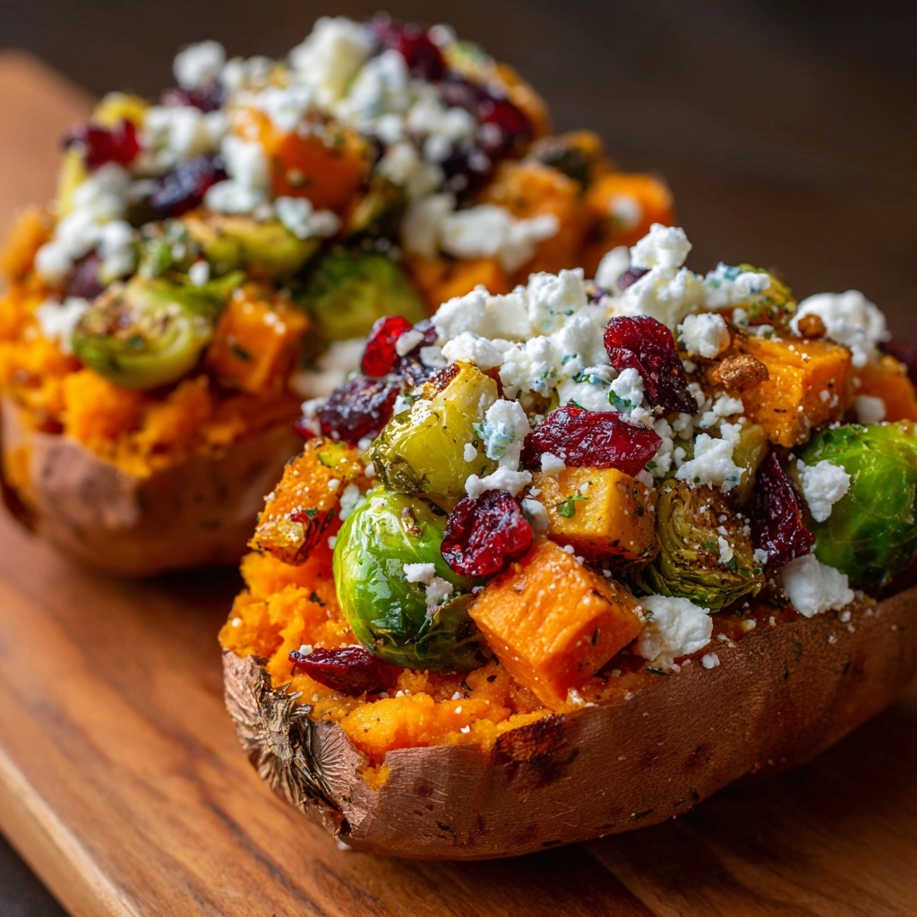 Roasted Brussels Sprouts and Butternut Squash Stuffed Sweet Potato Boat Recipe - Recipe Image