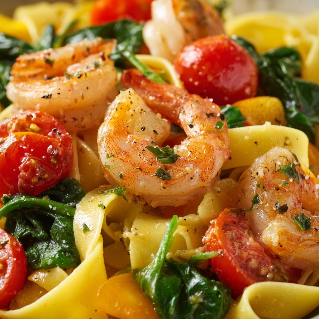 Shrimp Tomato Spinach Pasta in Garlic Butter Sauce Recipe - Recipe Image