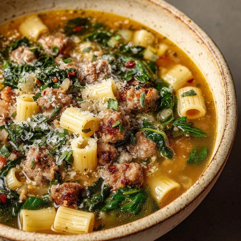 Italian Sausage Soup with Spinach and Pasta Recipe - Recipe Image