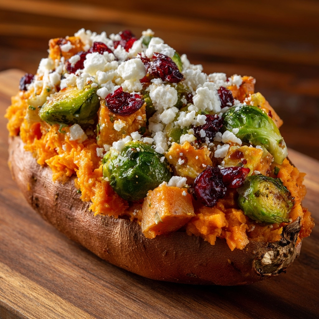 Roasted Brussels Sprouts and Butternut Squash Stuffed Sweet Potato Boat Recipe - Recipe Image