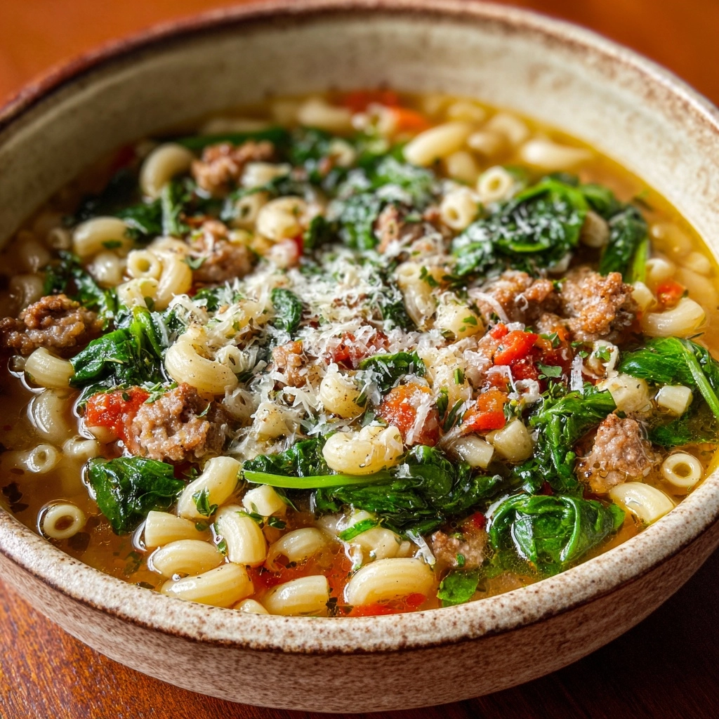 Italian Sausage Soup with Spinach and Pasta Recipe - Recipe Image