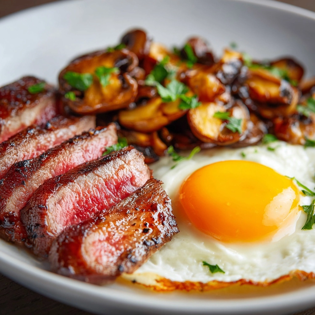 Steak and Eggs with Sautéed Mushrooms Recipe - Recipe Image