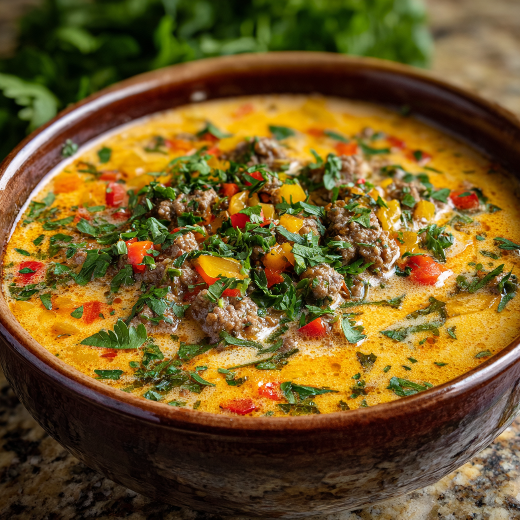Creamy Slow Cooker Cheeseburger Soup Recipe - Recipe Image