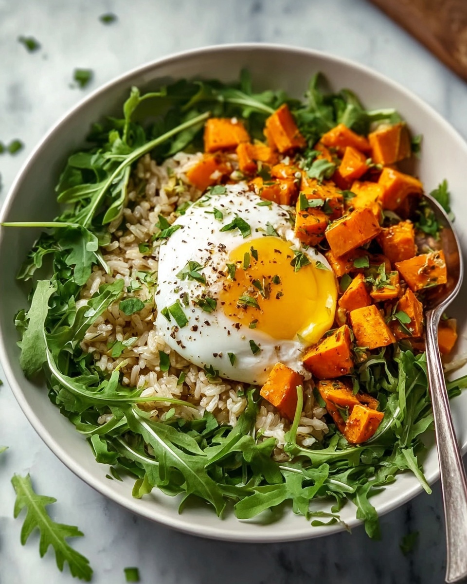 Rice Bowl with Sweet Potatoes, Green Curry, Arugula, and Poached Egg Recipe - Recipe Image