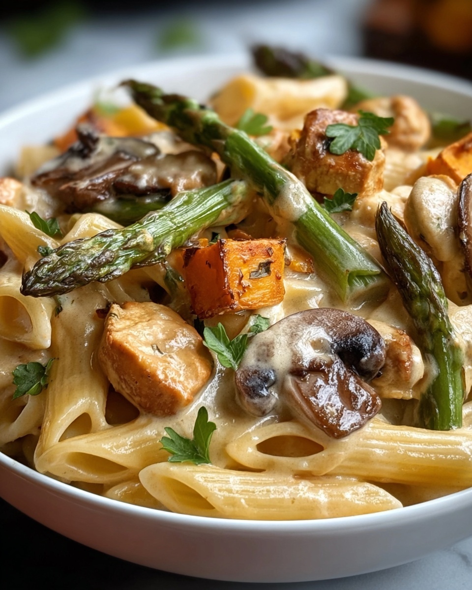 Creamy Mushroom and Asparagus Chicken Penne Recipe - Recipe Image