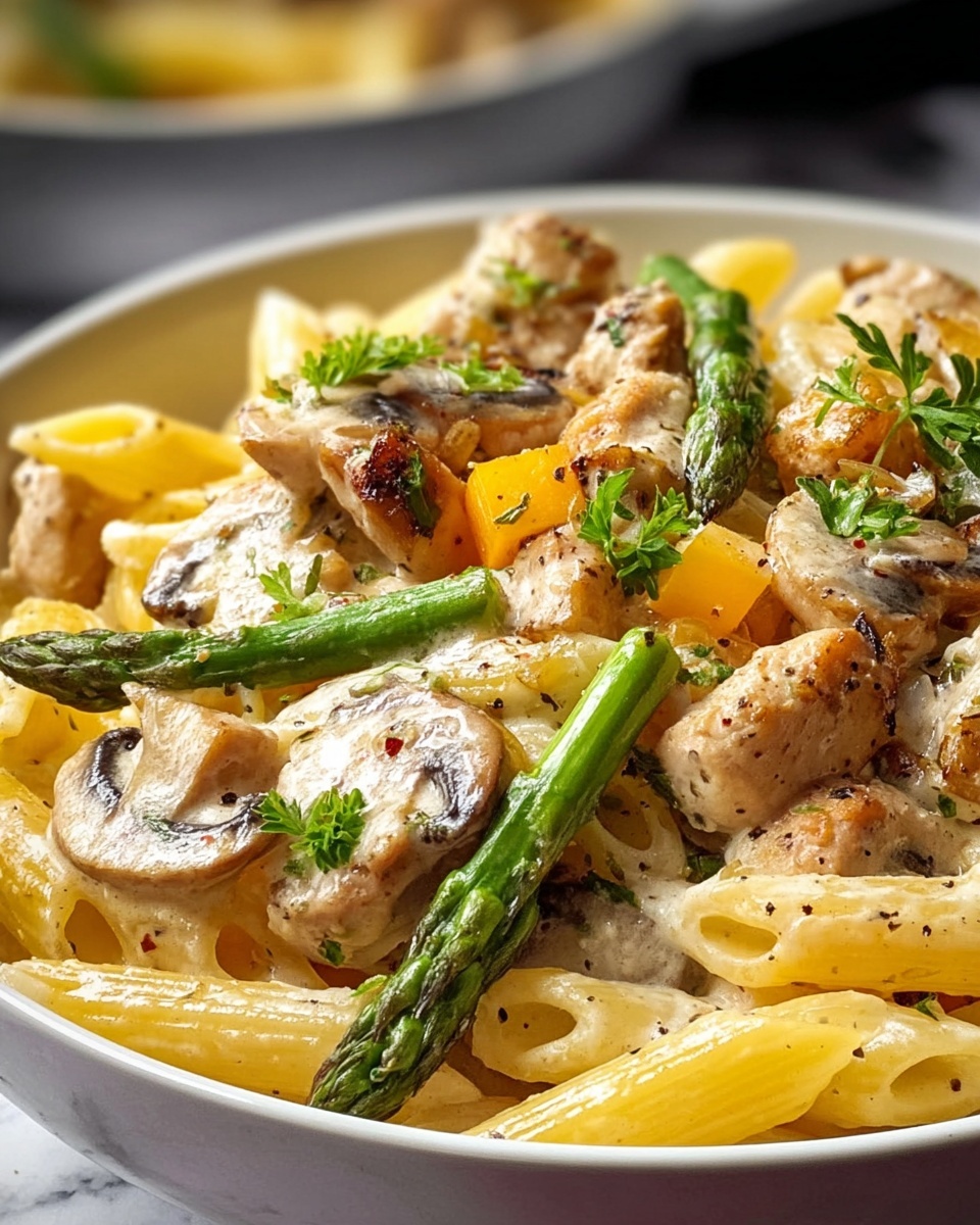 Creamy Mushroom and Asparagus Chicken Penne Recipe - Recipe Image