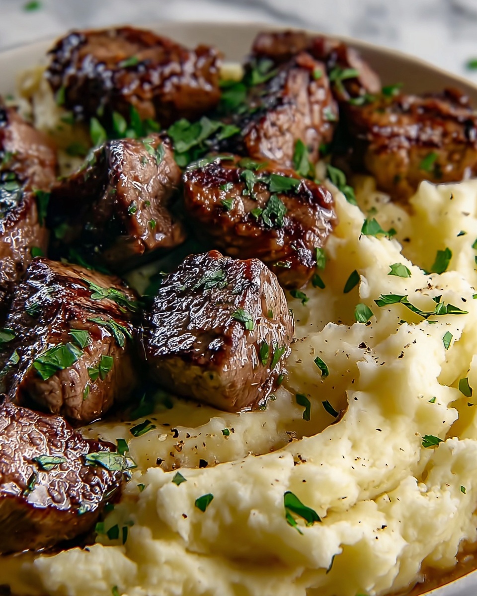 Garlic Butter Beef Bites with Creamy Mashed Potatoes Recipe - Recipe Image