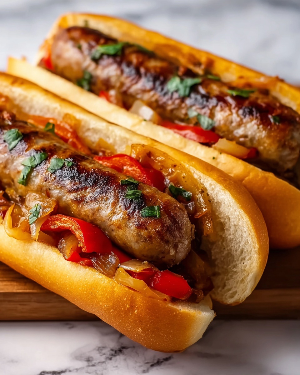 Grilled Sausage Sandwiches with Sautéed Peppers and Onions Recipe - Recipe Image