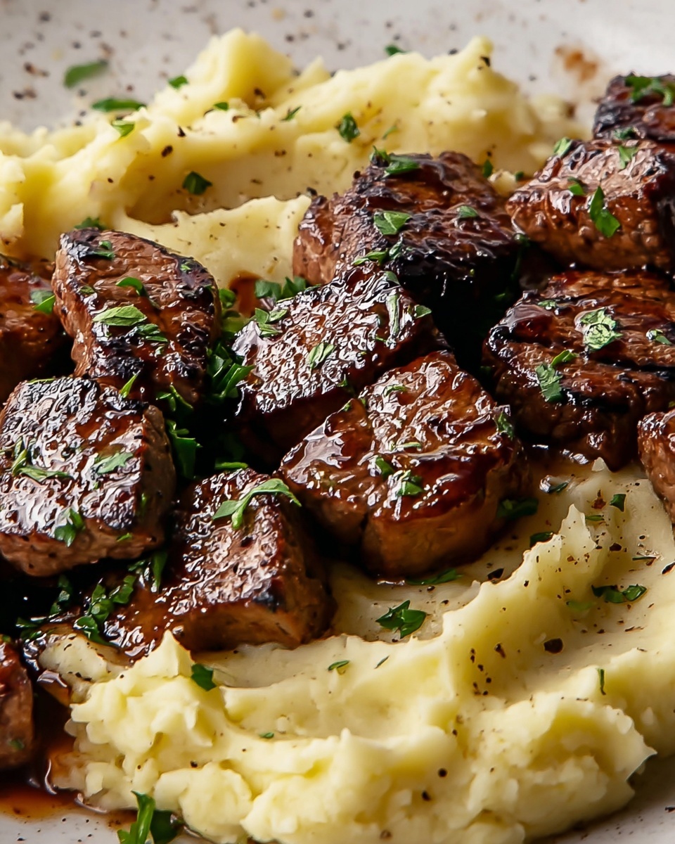 Garlic Butter Beef Bites with Creamy Mashed Potatoes Recipe - Recipe Image