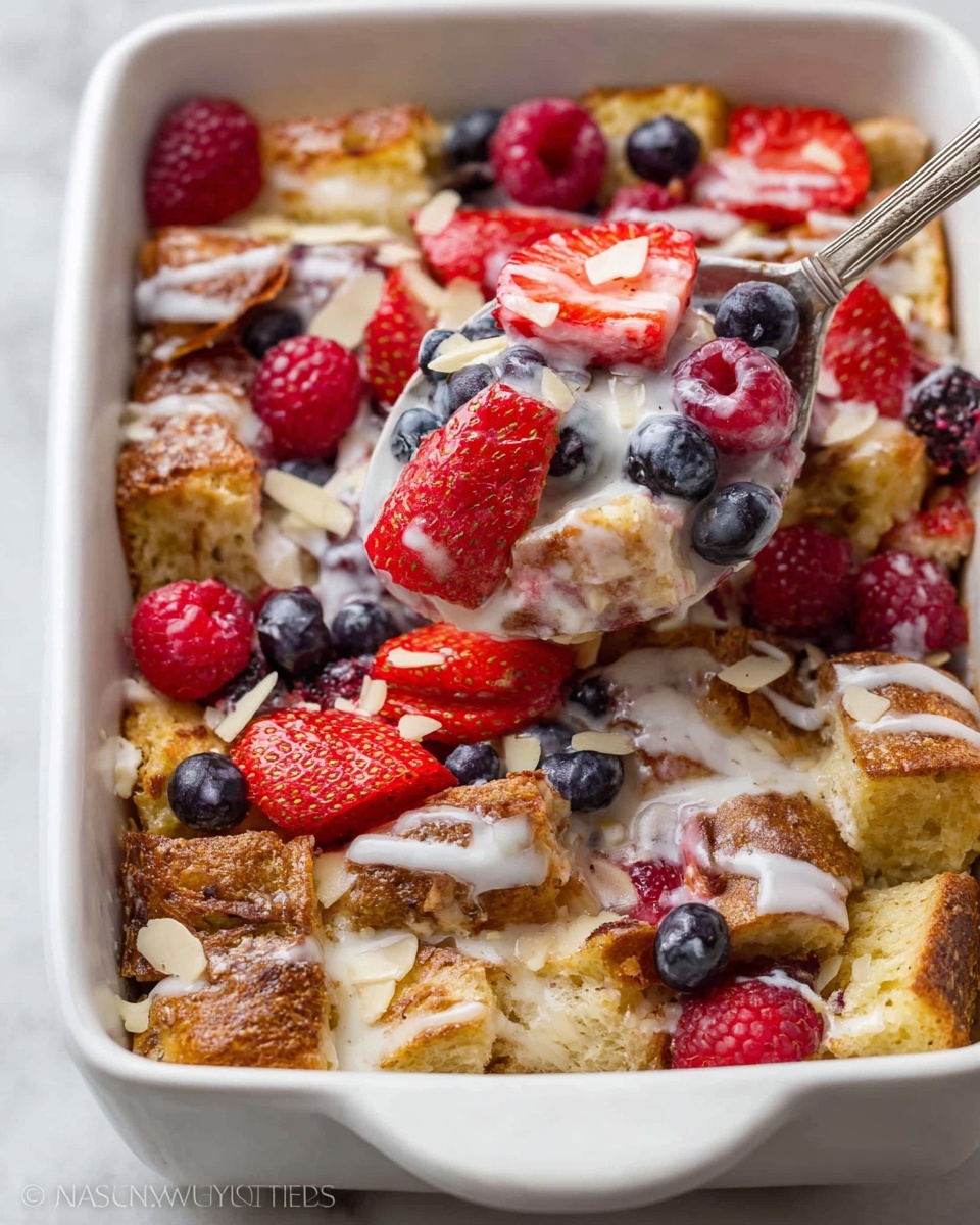 French Toast Casserole with Fresh Berries and Cream Cheese Drizzle Recipe - Recipe Image