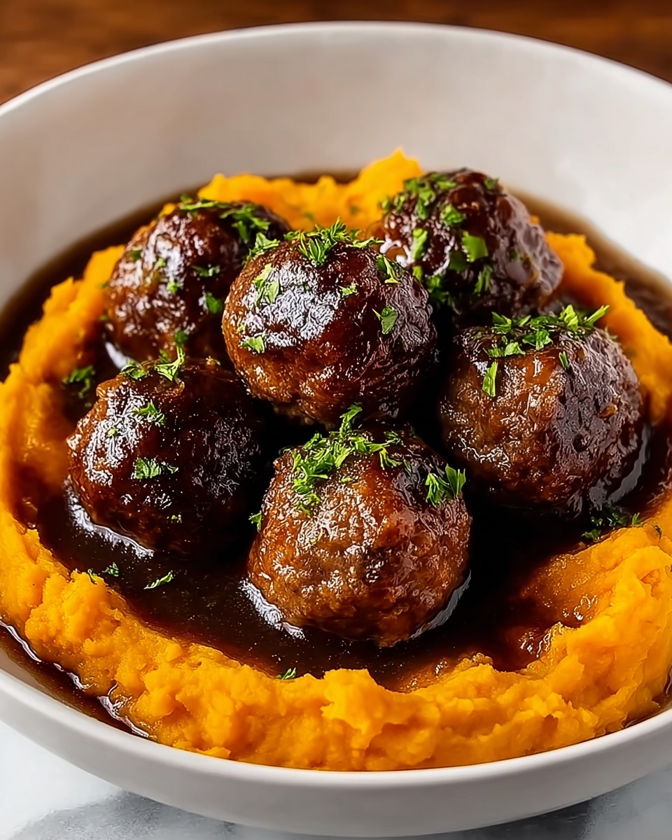 Beef Meatballs with Sweet Potato Mash & Bourbon Maple Pan Sauce Recipe - Recipe Image