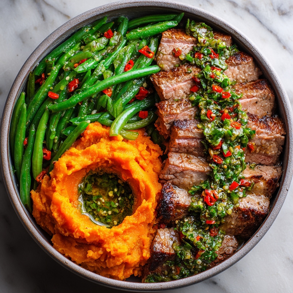 Steak Bowl with Sweet Potato Mash & Garlic Green Beans Recipe - Recipe Image