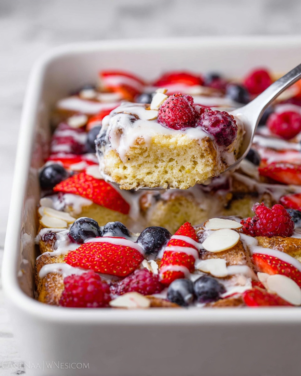 French Toast Casserole with Fresh Berries and Cream Cheese Drizzle Recipe - Recipe Image