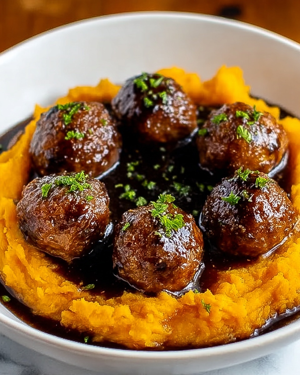 Beef Meatballs with Sweet Potato Mash & Bourbon Maple Pan Sauce Recipe - Recipe Image