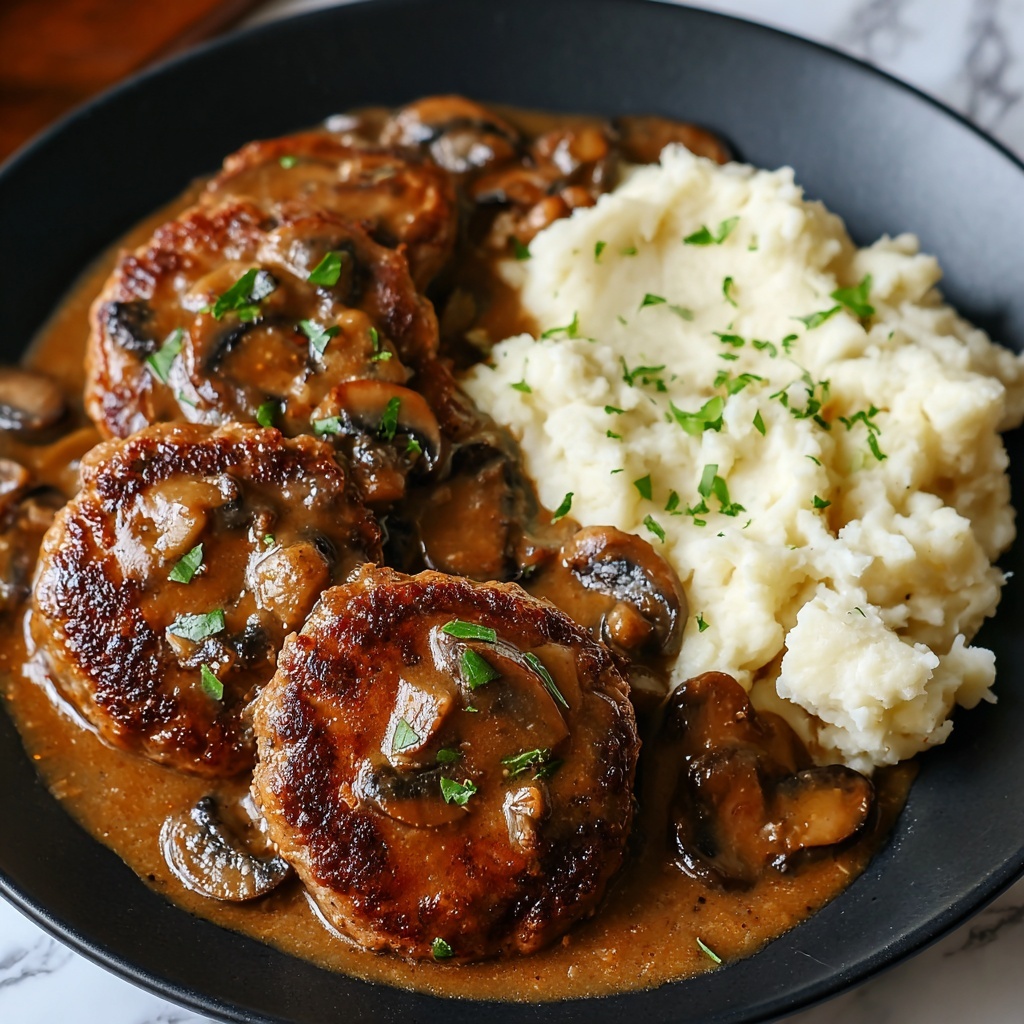 Turkey Salisbury Steaks with Mushroom Gravy Recipe - Recipe Image