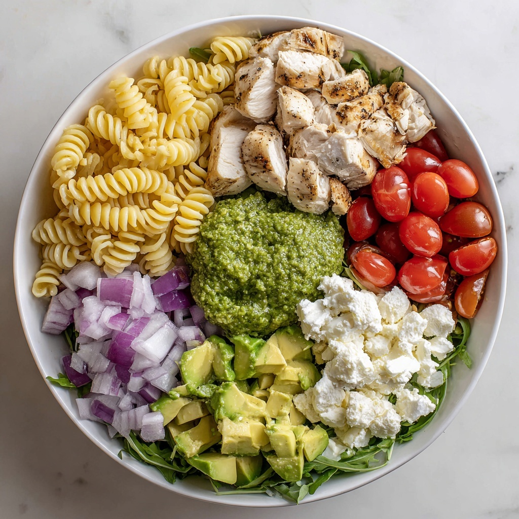 Creamy Pesto Pasta Salad with Cherry Tomatoes, Mozzarella, and Grilled Chicken Recipe - Recipe Image
