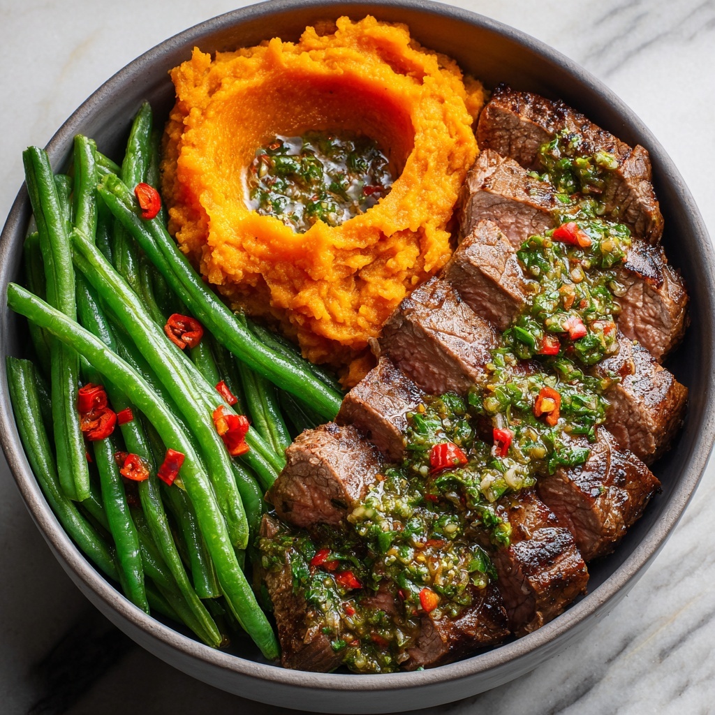 Steak Bowl with Sweet Potato Mash & Garlic Green Beans Recipe - Recipe Image