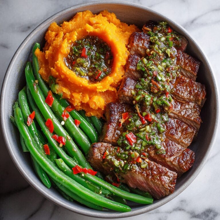 Steak Bowl with Sweet Potato Mash & Garlic Green Beans Recipe