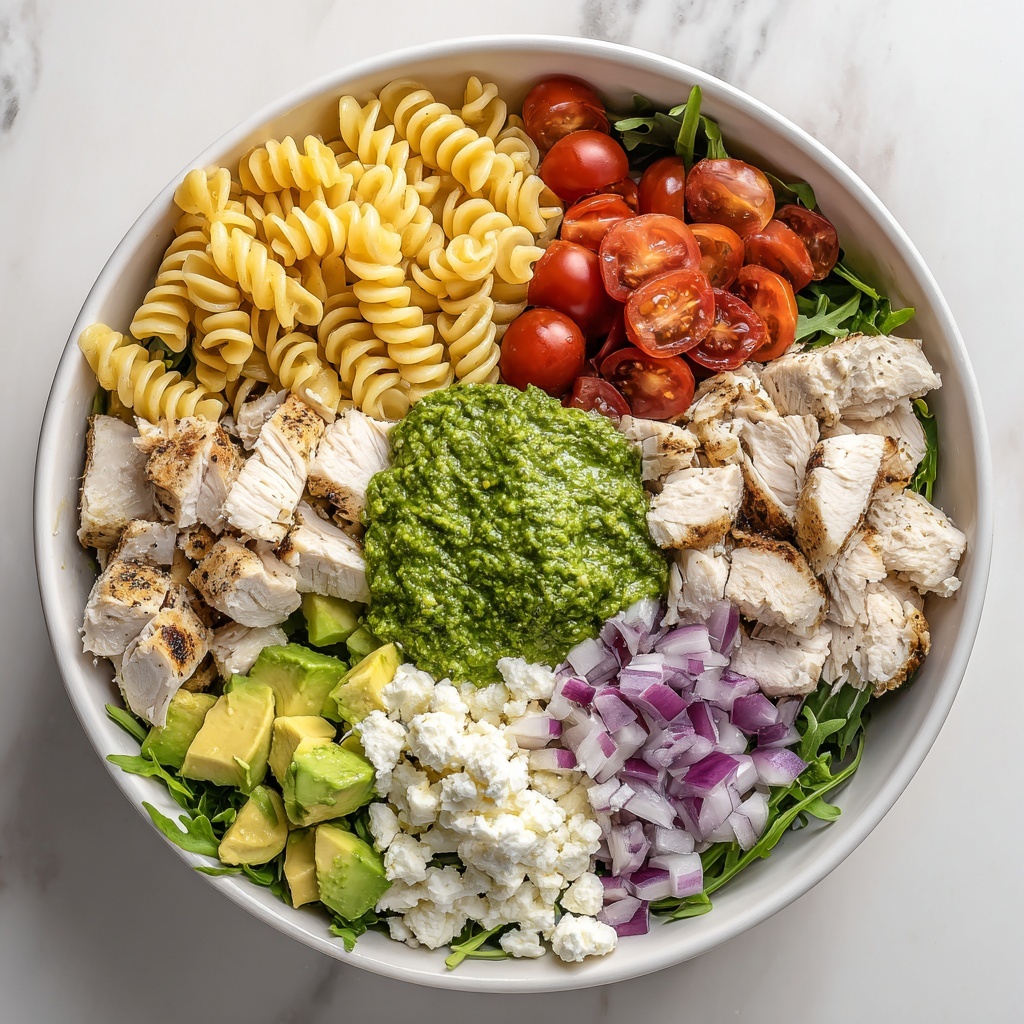 Creamy Pesto Pasta Salad with Cherry Tomatoes, Mozzarella, and Grilled Chicken Recipe - Recipe Image