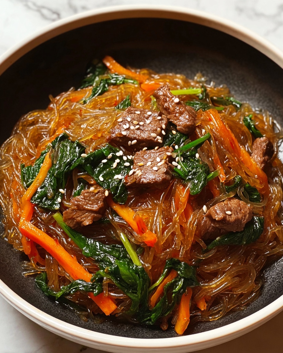 Easy Korean Japchae Noodles with Beef and Vegetables Recipe - Recipe Image