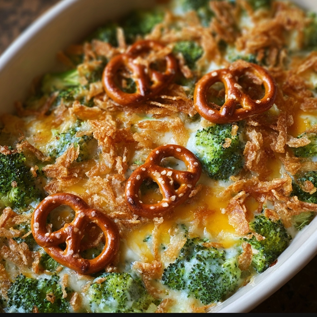 Creamy Broccoli Cheddar Casserole with Garlic Butter Pretzels Recipe - Recipe Image