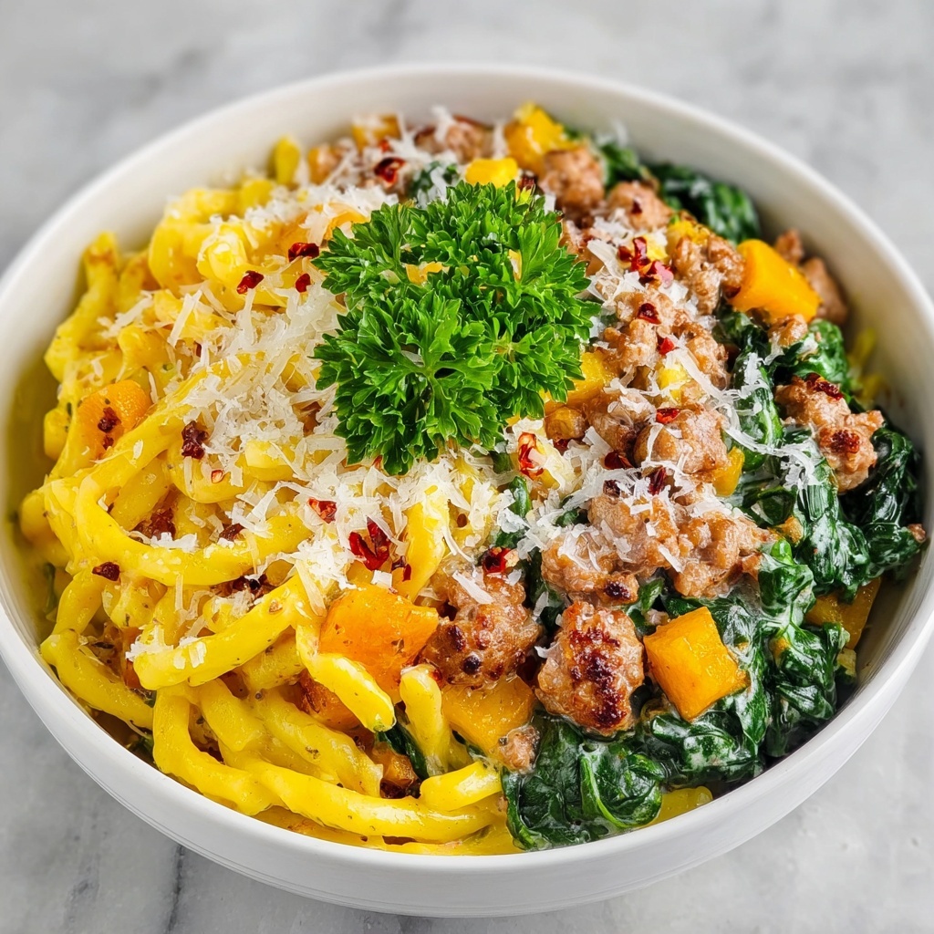Creamy Butternut Squash Pasta with Sausage and Spinach Recipe - Recipe Image