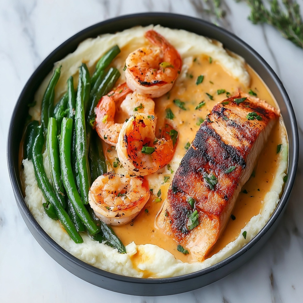 Cajun Shrimp and Salmon with Garlic Cream Sauce, Mashed Potatoes, and Green Beans Recipe - Recipe Image