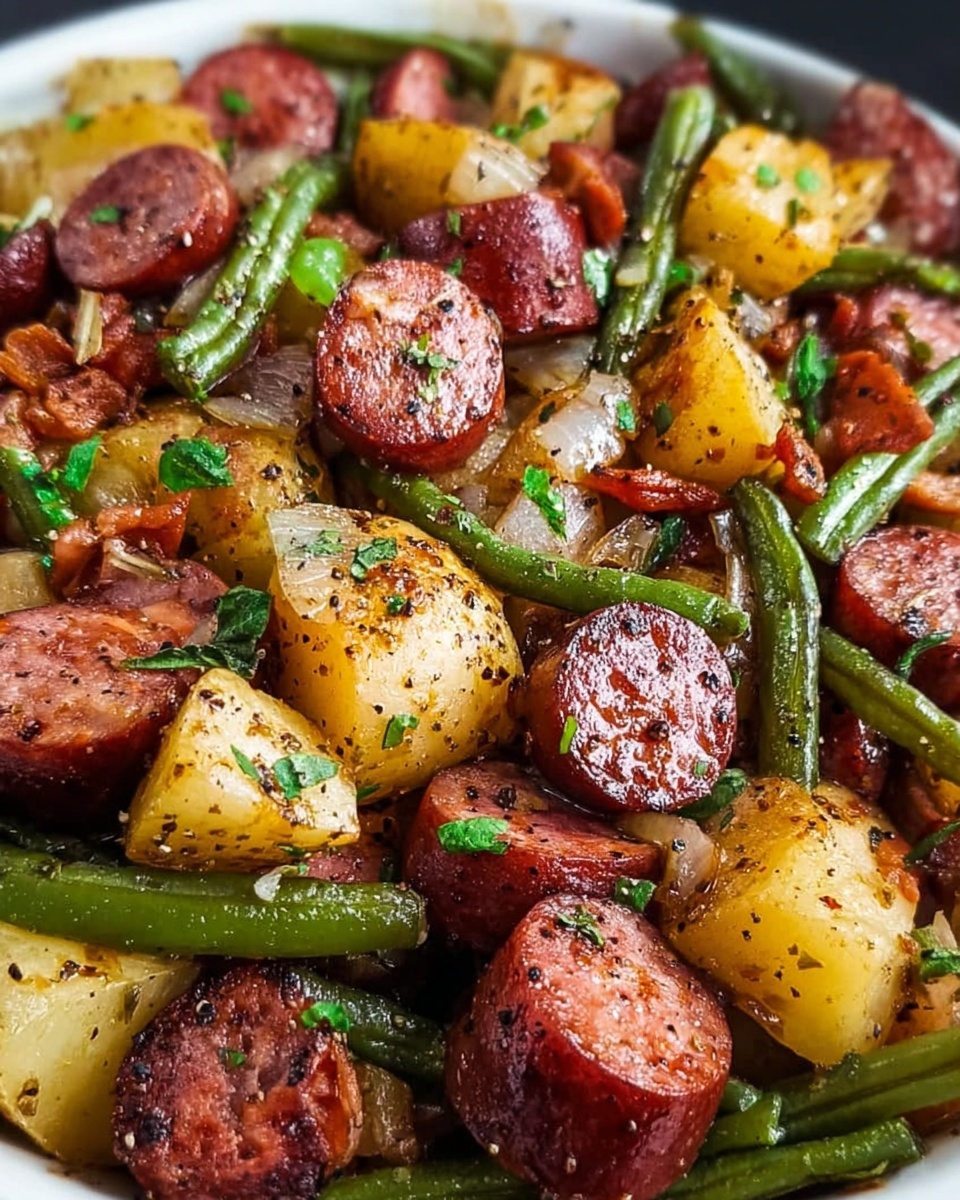 Sautéed Potatoes and Green Beans with Smoked Sausage Recipe - Recipe Image