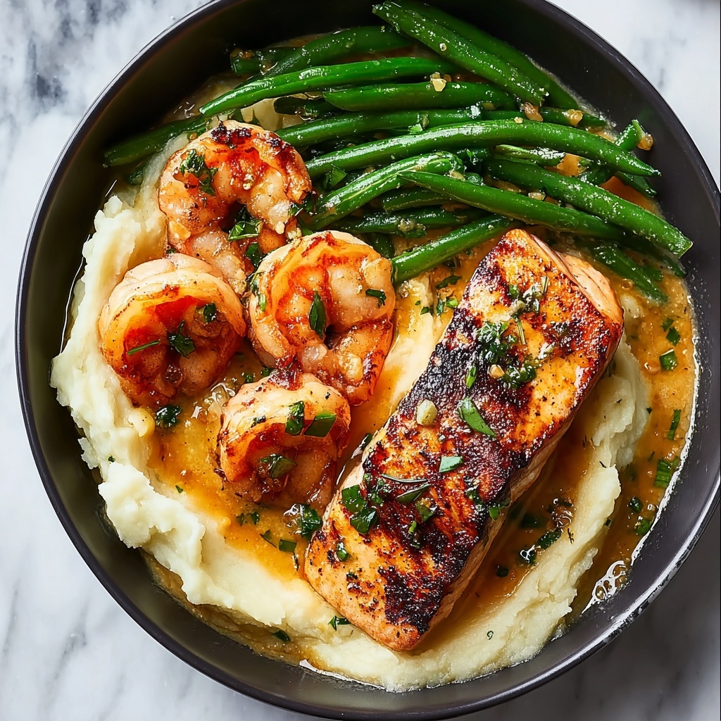 Cajun Shrimp and Salmon with Garlic Cream Sauce, Mashed Potatoes, and Green Beans Recipe - Recipe Image