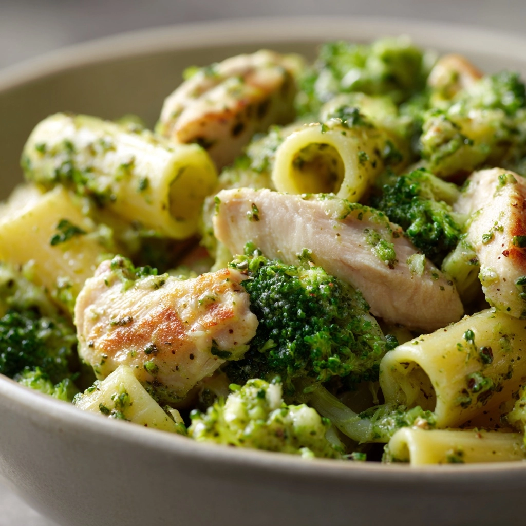One Pan Creamy Pesto Chicken & Broccoli Pasta Recipe - Recipe Image