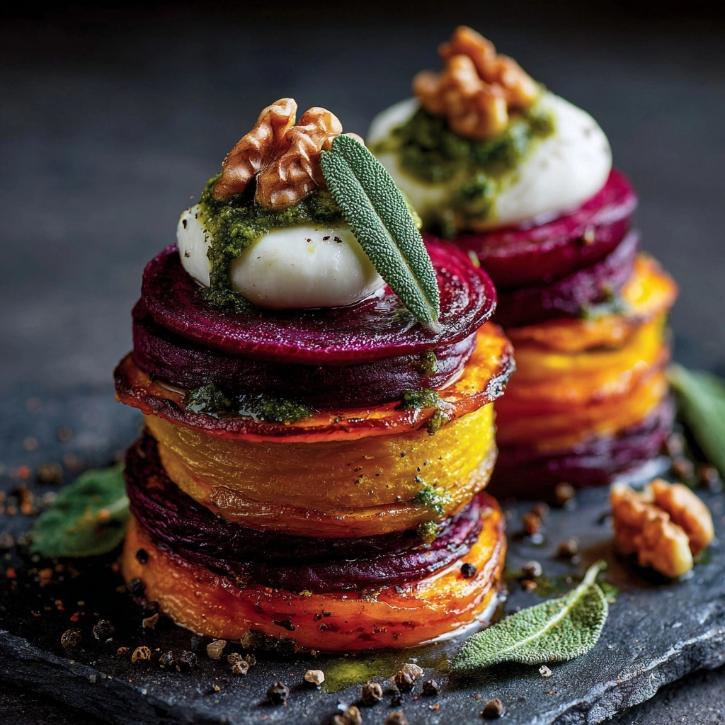 Sweet Potato Rounds with Burrata, Roasted Beets, and Walnut Sage Pesto Recipe - Recipe Image