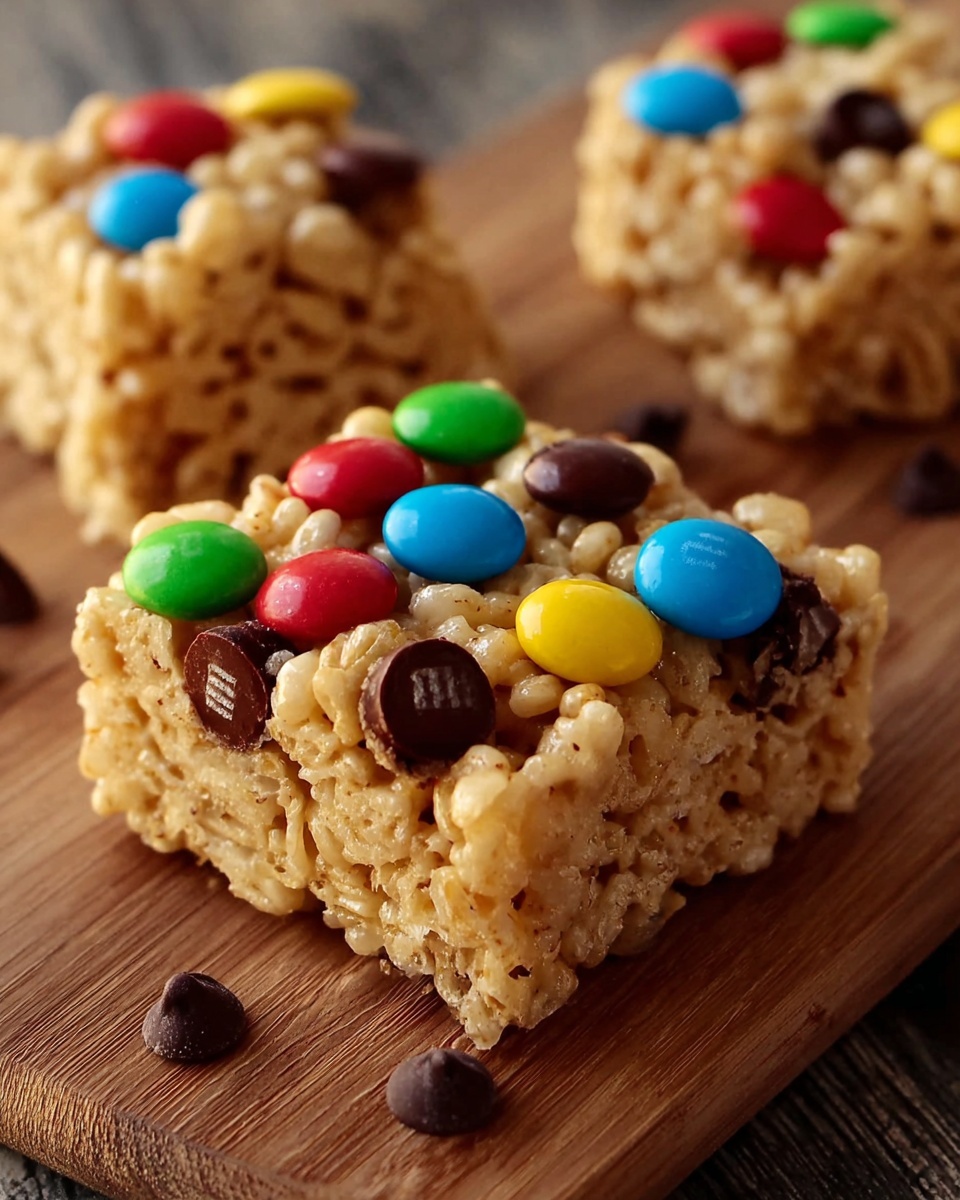 Peanut Butter Rice Krispie Treats with M&M's and Chocolate Chips Recipe - Recipe Image
