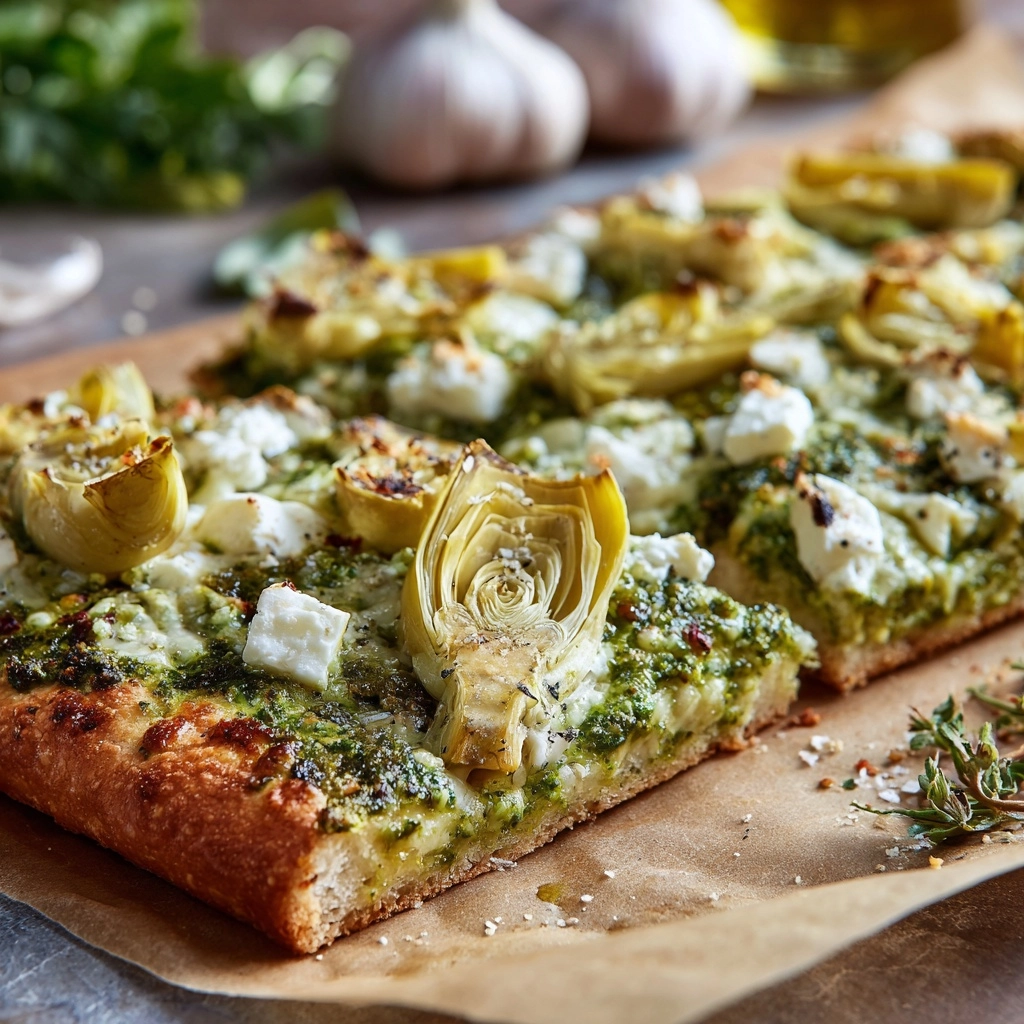 Green Pizza with Pesto, Feta & Artichokes Recipe - Recipe Image