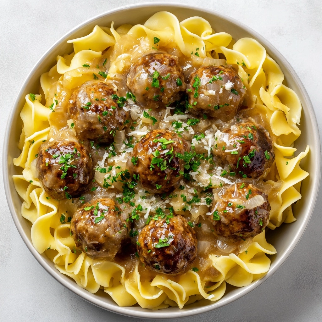 Saucy Skillet French Onion Meatballs with Egg Noodles Recipe - Recipe Image