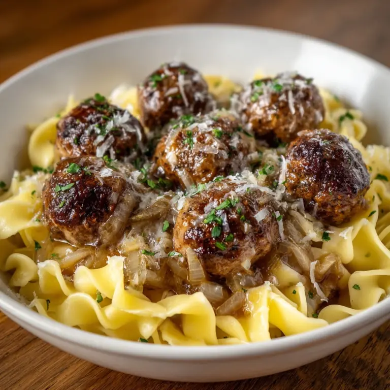 Saucy Skillet French Onion Meatballs with Egg Noodles Recipe