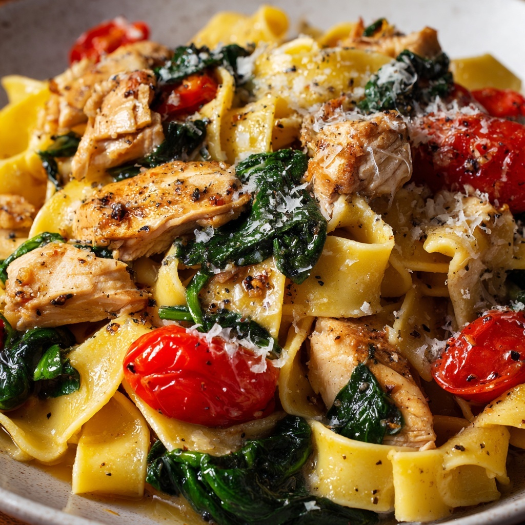 Creamy Garlic Tomato Chicken and Spinach Fettuccine Recipe - Recipe Image