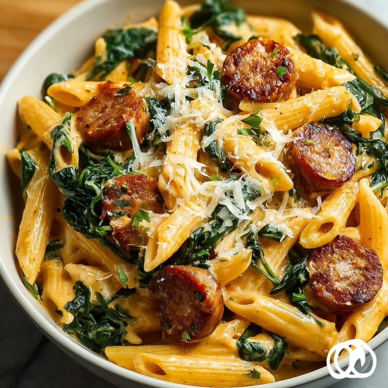 Indulgent Creamy Garlic Butter Beef Penne with Sausage & Spinach Recipe