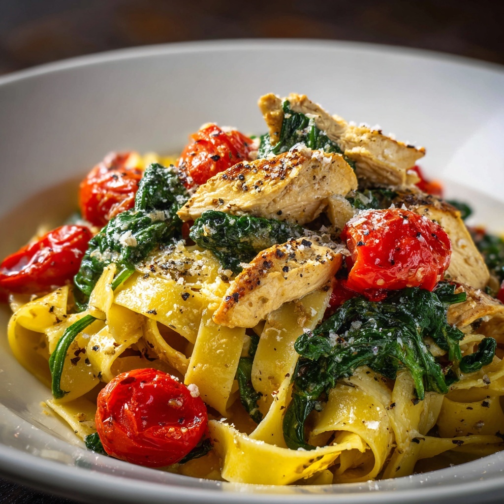 Creamy Garlic Tomato Chicken and Spinach Fettuccine Recipe - Recipe Image